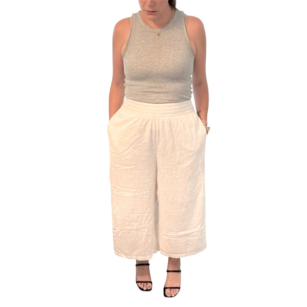 American Eagle Cream Lace Eyelet Smock Cropped Cotton Wide Leg Pant Cottagecore - Picture 3 of 15